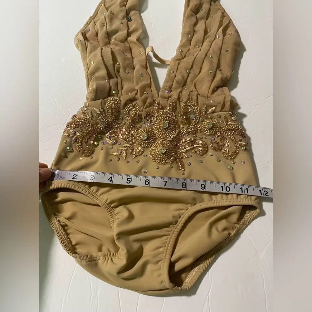 Glamorous solo dance costume Custom rhinestone lyrical dress gold tan LC child